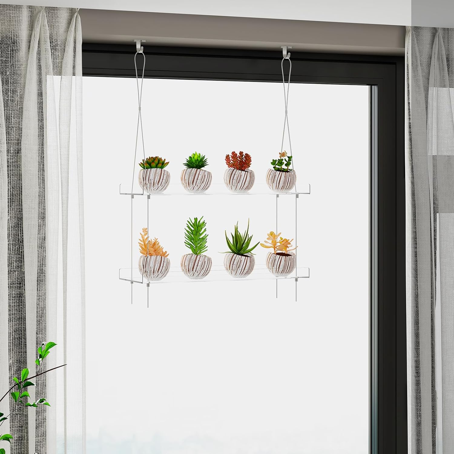 2-Tier Acrylic Hanging Plant Shelves - Height Adjustable Clear Acrylic Shelves for Windows - Perfect for Indoor Gardens, Kitchen Window Displays of Flowers, Succulent Plants, and Seedling Growth