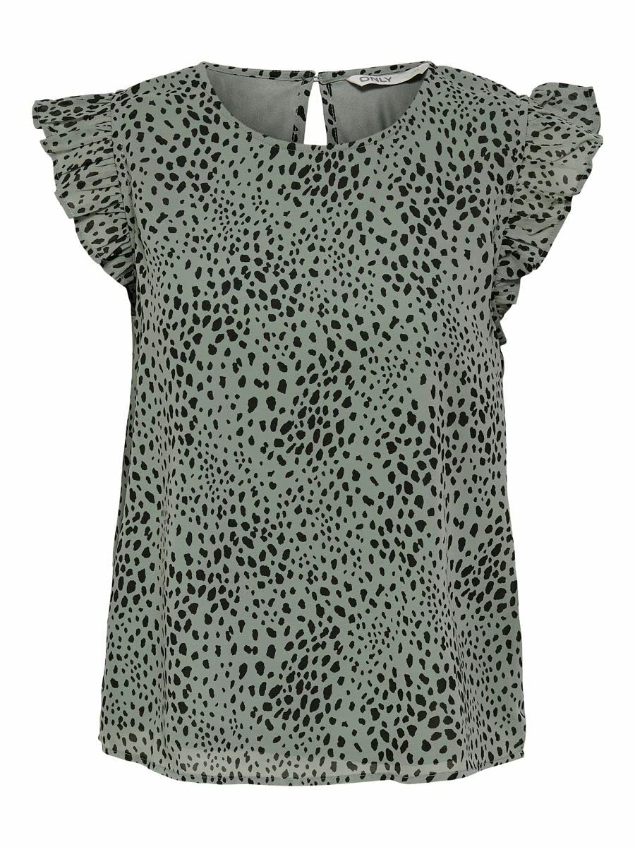 ONLY Women's ONLANN Sleeveless Frill T-Shirt, Seagrass/DOT Leo, L, Model 15251507