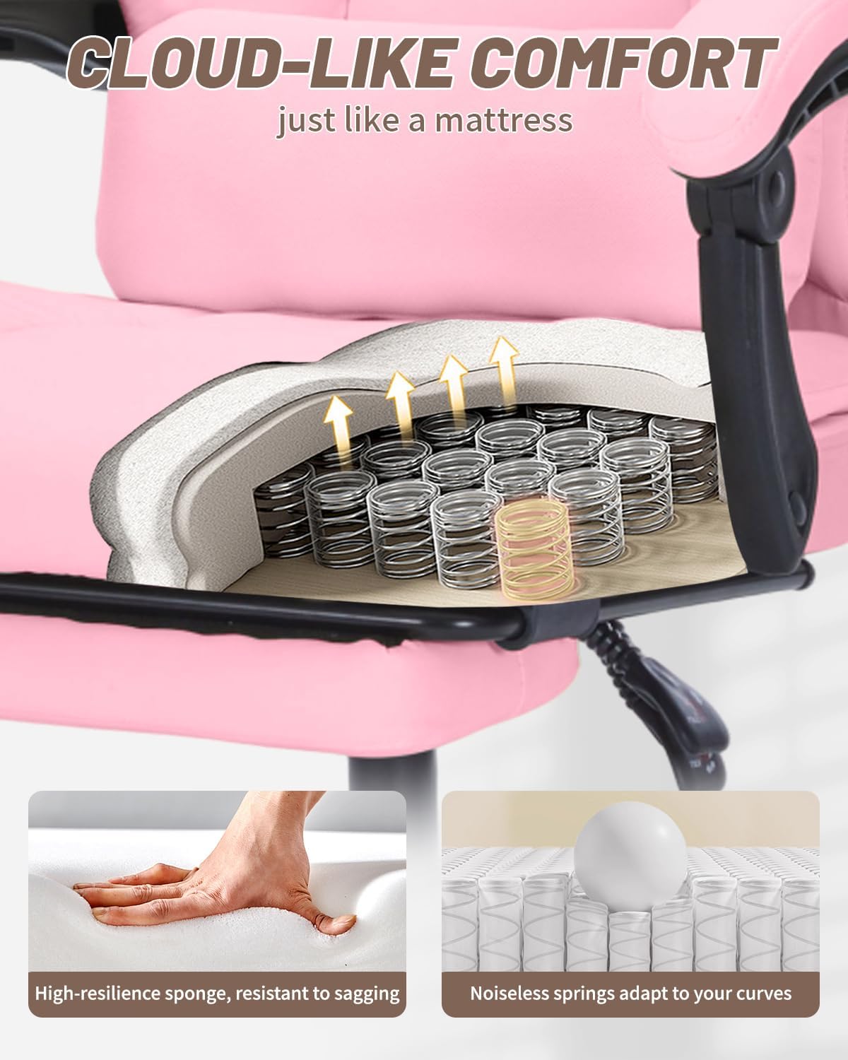 600lbs Office Chair with Footrest, Executive Chair with Padded Armrests, Reclining Desk Chair with Lumbar Support, High Back Leather Chair for Heavy People (Pink)