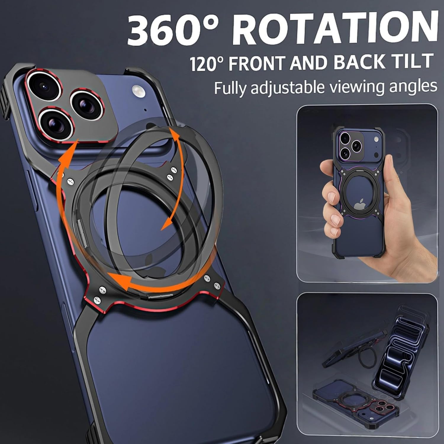 Mechanical Arm Metal Case for iPhone 17/17 Air / 17 Pro / 17 Pro Max, Aerospace Aluminum Alloy Frame with 360° Rotating Kickstand, Military-Grade Shockproof Drop Protection(Orange,17 Pro)