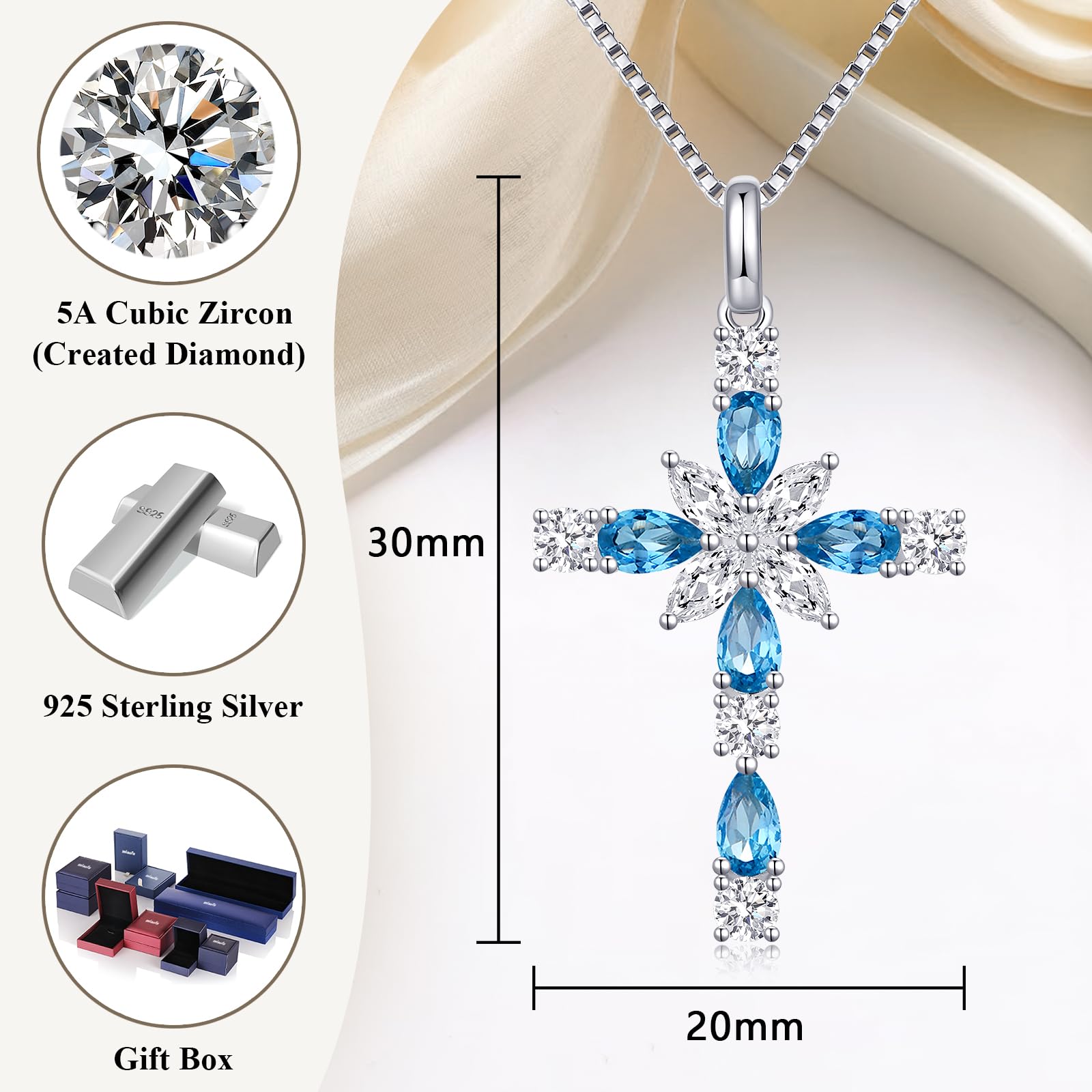 Kreuz Halskette Kreuz Kette mit 5A+ Zirkonia für Damen, Kette 45 + 3Cm