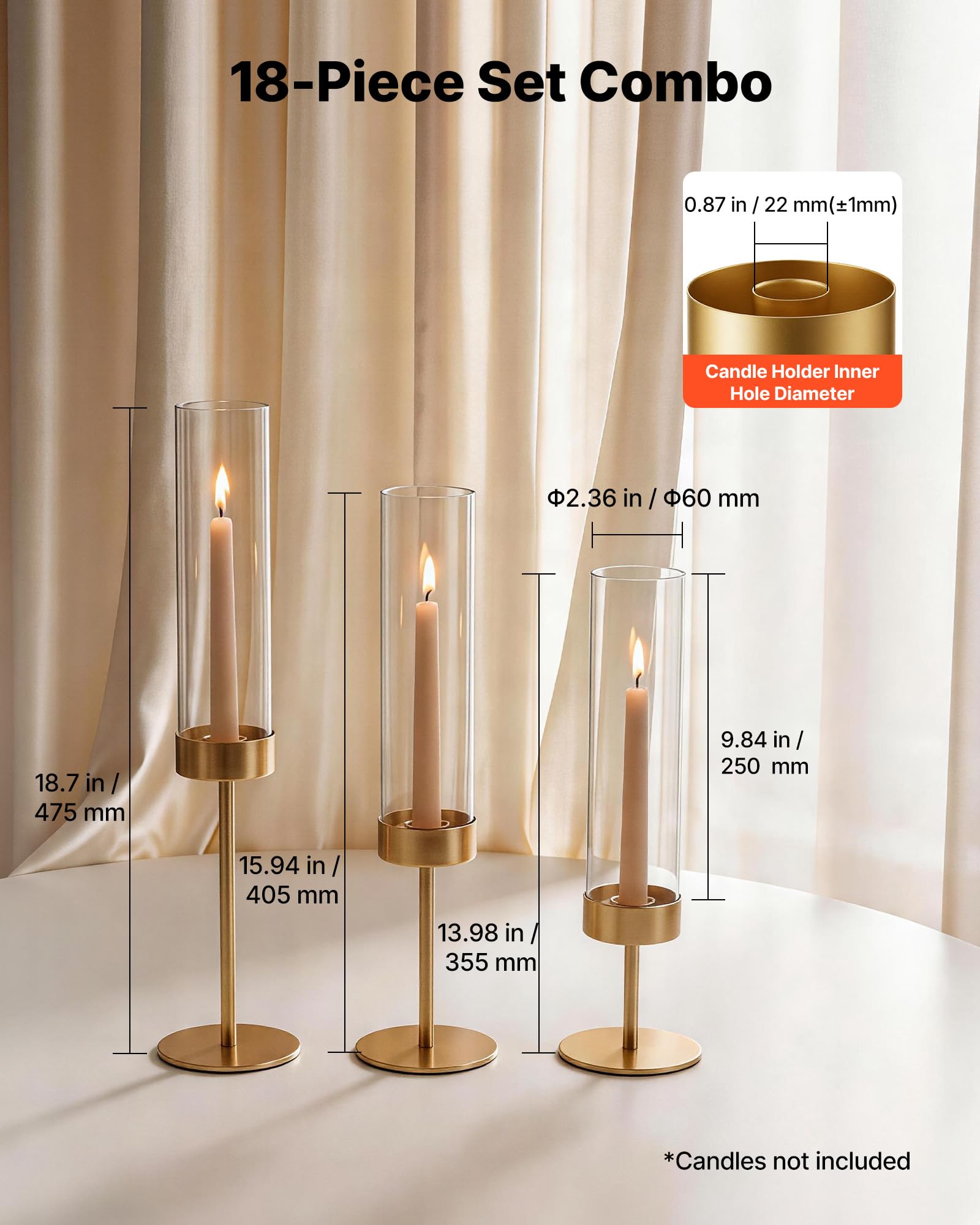 VEVOR Bougeoirs Ouragan Lot de 18, Bougeoirs Cylindriques en Verre avec Support en Métal Doré pour Mariage, Fête et Décoration Intérieure, Centres de Table à Hauteurs Variées, Protection Coupe-Vent