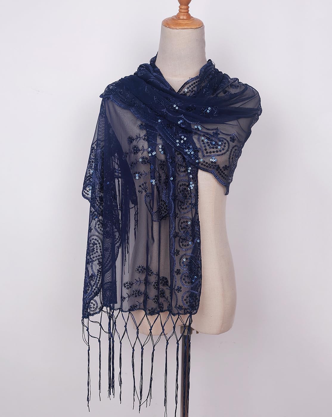 L'VOW Women's Glittering 1920s Scarf Mesh Sequin Wedding Cape Fringed Evening Shawl Wrap - Image 2