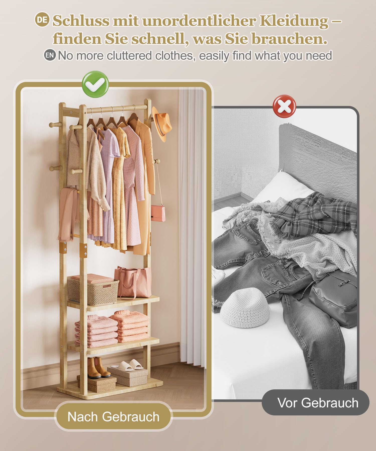 Yorbay Perchero multifuncional de madera independiente: perchero de pie sólido con estantes, perchero para ropa, sombrero, para salón, dormitorio, oficina | Perchero de pie de madera maciza con estantes, ganchos y perchero para ropa y sombreros en el saló