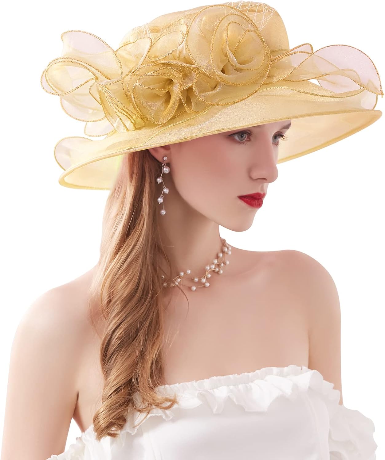 Women Derby Fascinator Hat Organza Church Wedding Hats Wide Brim Cocktail Tea Party Hat - Image 2