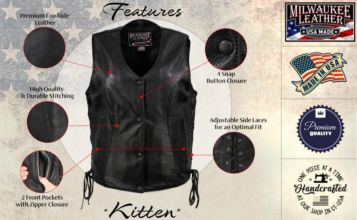 Milwaukee Leather USA MADE MLVSL5002 Women's Black Kitten Leather Motorcycle Vest with Side Laces - Image 3