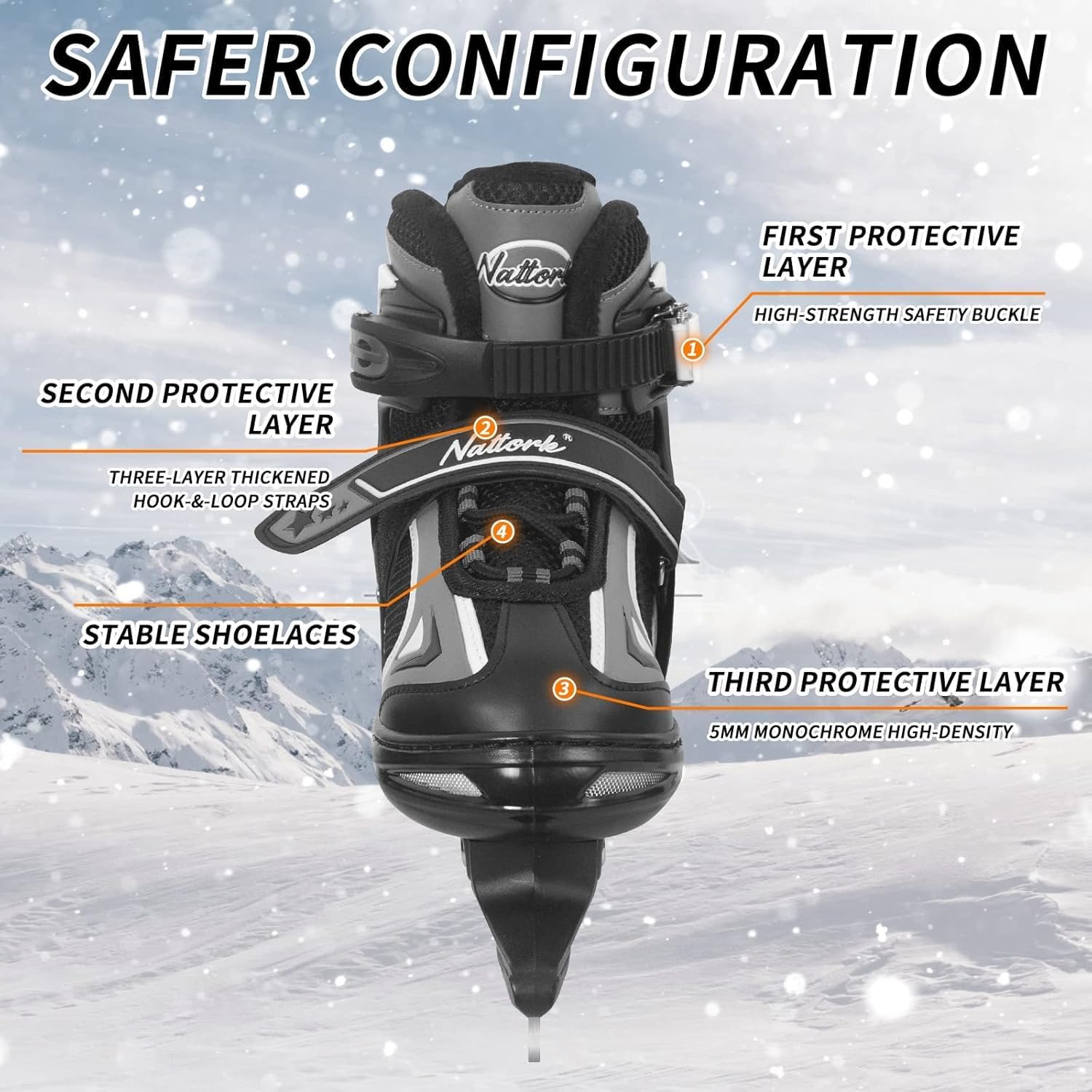 Nattork Ice Skates for Big Kids, Soft Padding and Reinforced Ankle Support Ice Black Hockey Adjustable Skates for Outdoor and Rink (1-4 US)