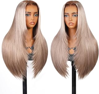 TESLAL 6x6 Lace Ash Blonde Glueless Straight Human Hair Blend Wig 28Inch | Premium Fiber Blend Human Hair, 260% Density, Pre Plucked Pre Cut, Bleached Tiny Knots, Layered Wig Face-Framing, Brown Roots