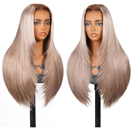 TESLAL 24Inch Glueless Human Hair Blend Fibers Wig,Ash Blonde,260% Density | Wear and Go, Pre-Everything Wig, C-Shaped Ear Design, Layered Cut Straight Wig, Adjustable Cap, Beginner Friendly