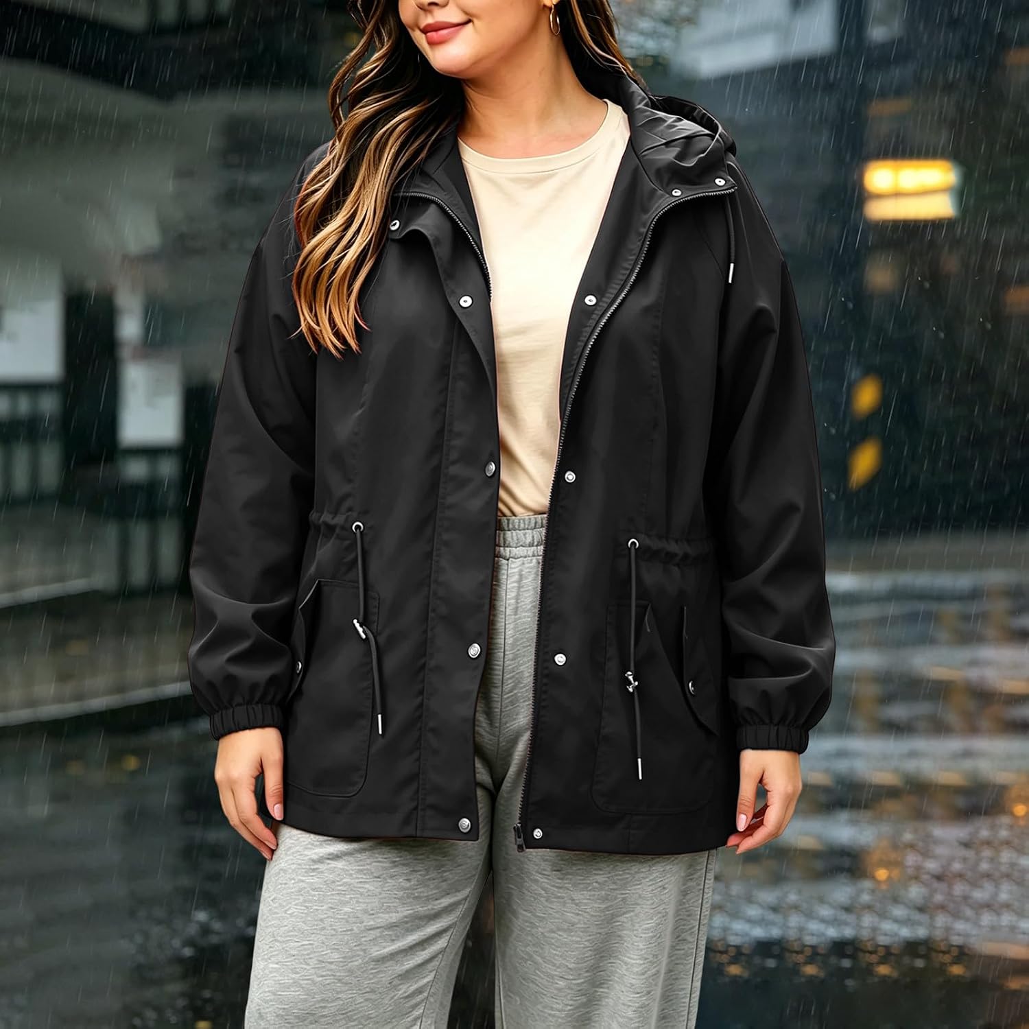 Plus Size Jacket for Women Hooded Zip Up Rain Coat with Drawstring | Women's Curvy Fit Windbreaker with Snap Button Placket, Kangaroo Pockets, Elastic Cuffs for Fall Travel Outdoor