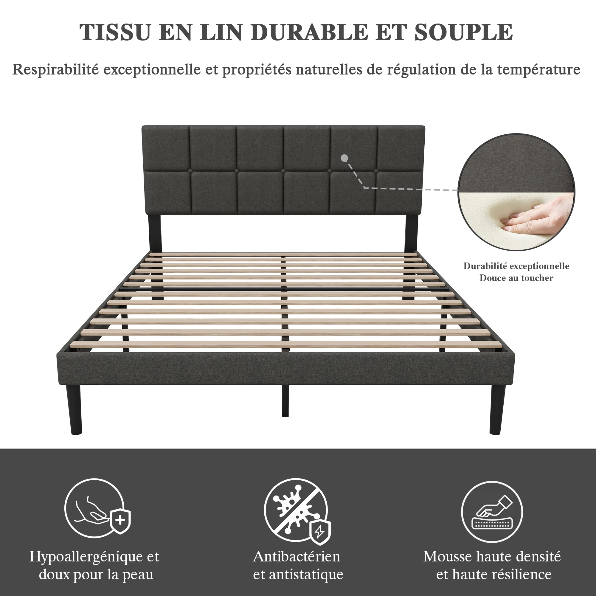 Z-hom Sommier 160x200 cm avec Lattes en Bois, Cadre & Tête de Lit 2 Personnes Tapissier, Montage Facile, Hauteur : 32 cm - Gris Foncé
