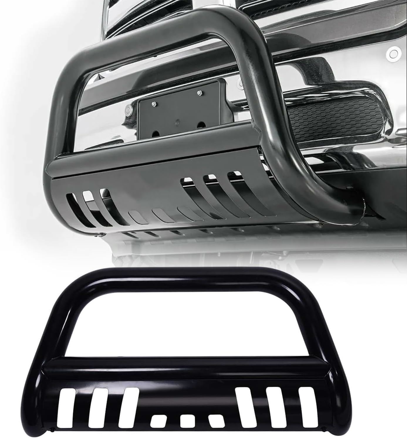 Bull Bar Front Bumper Grille Guard Replacement for 2019-2024 Ram 1500, Bull Bar Fit for 2019 2020 2021 2022 2023 2024 Ram 1500, 3" Bull Bar Grille Stainless Steel Chrome with Skid Plate