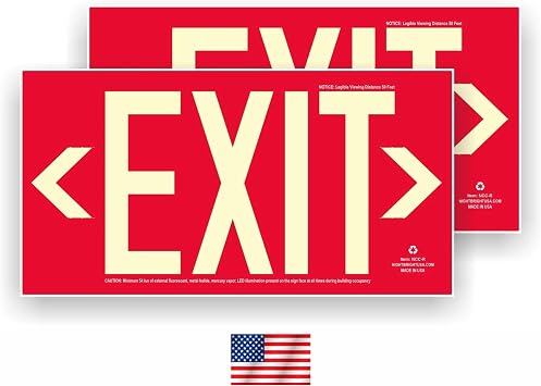 Photoluminescent Exit Signs | Pack of 2 | OSHA-ASTM-ANSI American Standard | Aluminum 14.25" x 7.5" | Weather Proof | NightBright USA Item NCC-R II