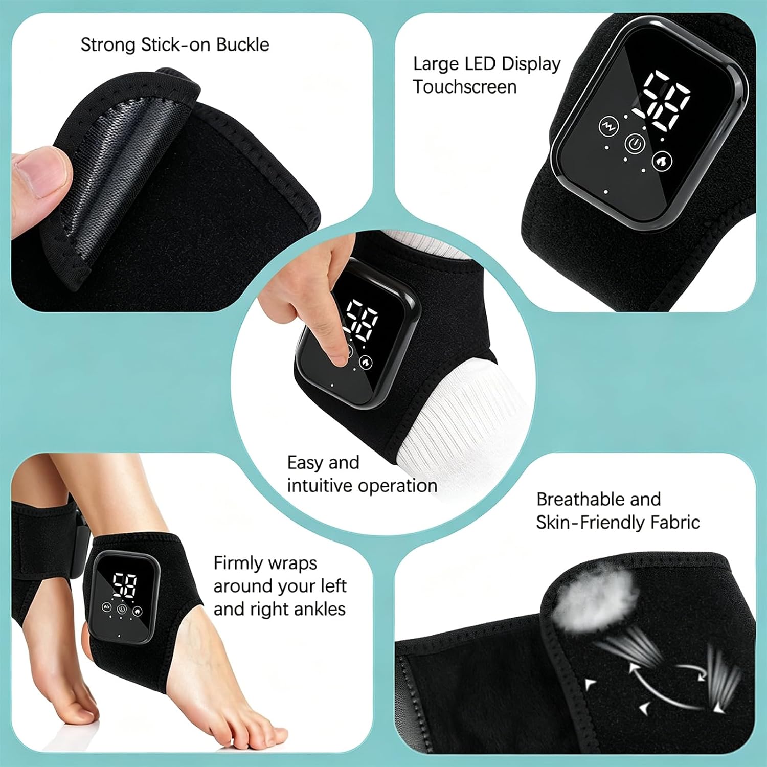 Compression Therapy for Feet, 2 Pack Foot and Ankle Massager Wraps for Home, Office and Travel, Cordless Heat & Vibration, 5 Heat Levels, 3 Modes, 30-Min Timer, Adjustable Fit