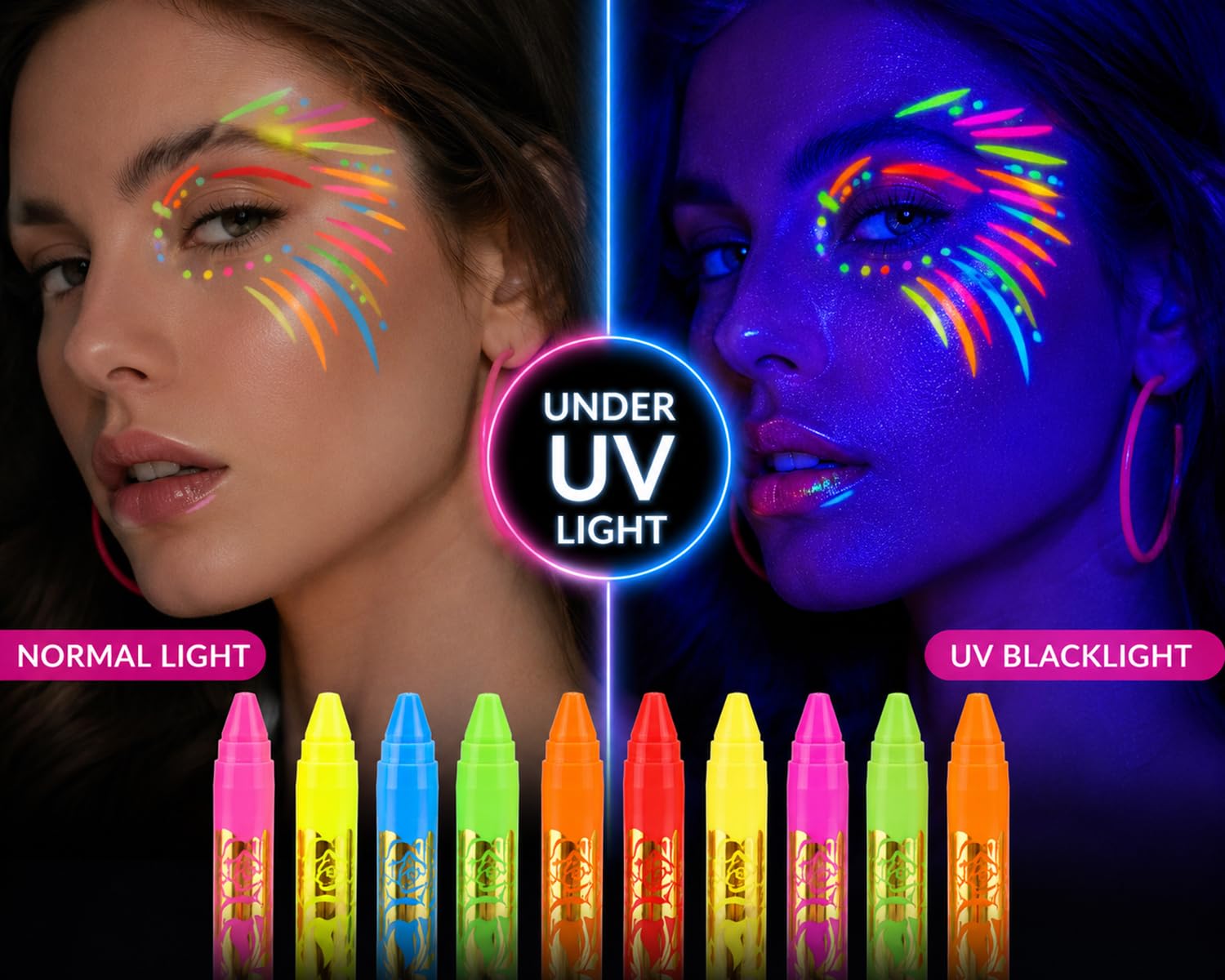 10 Colors UV Neon Face & Body Paint Sticks – Glow in The Dark Blacklight Makeup Crayons for Halloween, Festival, Cosplay, Rave Party & Kids Face Painting