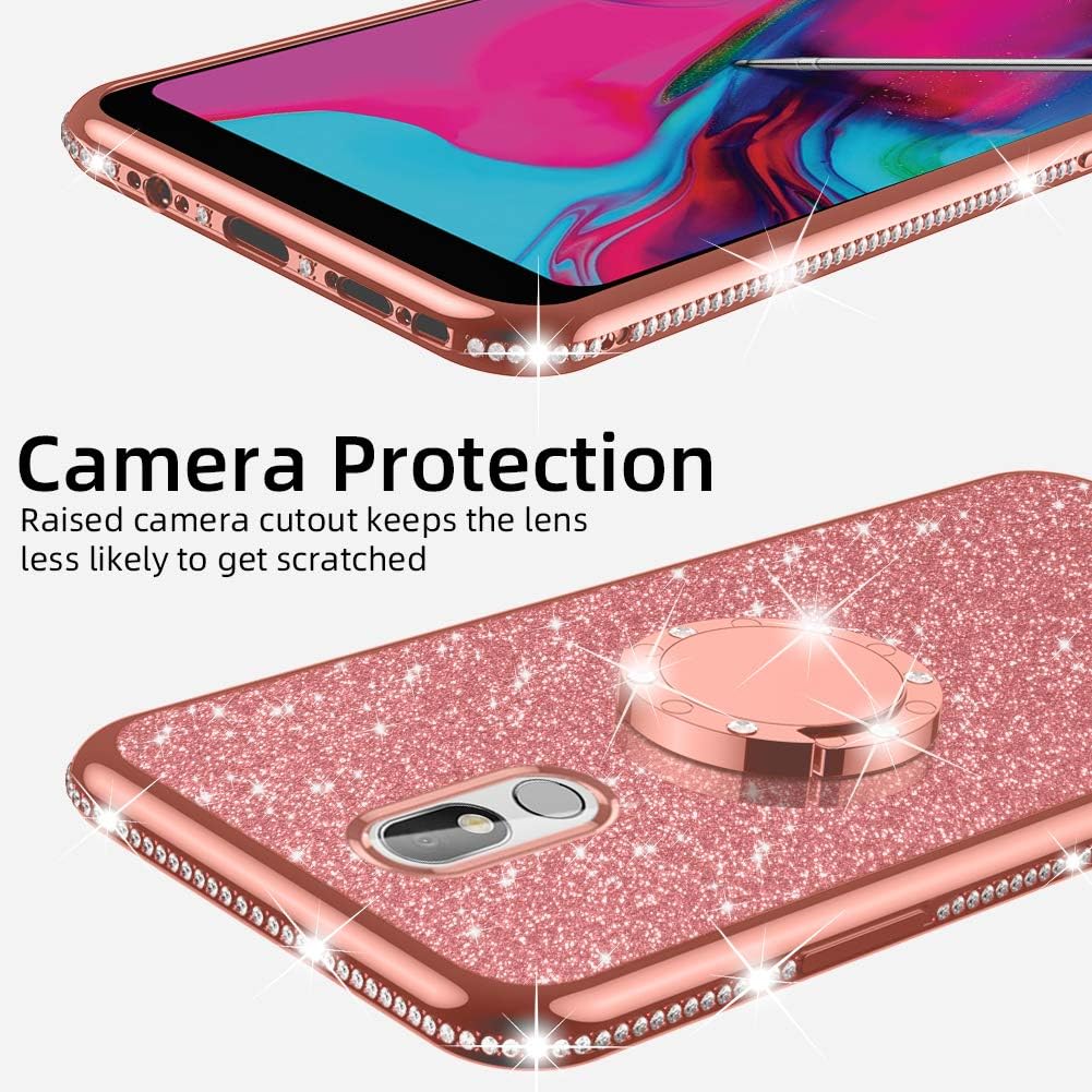 nancheng for LG Stylo 5 Case,Stylo 5 Plus/Stylus 5/LG Stylo 5V/LG Stylo 5X Case,Glitter Luxury Bling Diamond Rhinestone with Ring Grip Kickstand Thin Girly Cute for Stylo 5 Case for Women-Rose Gold