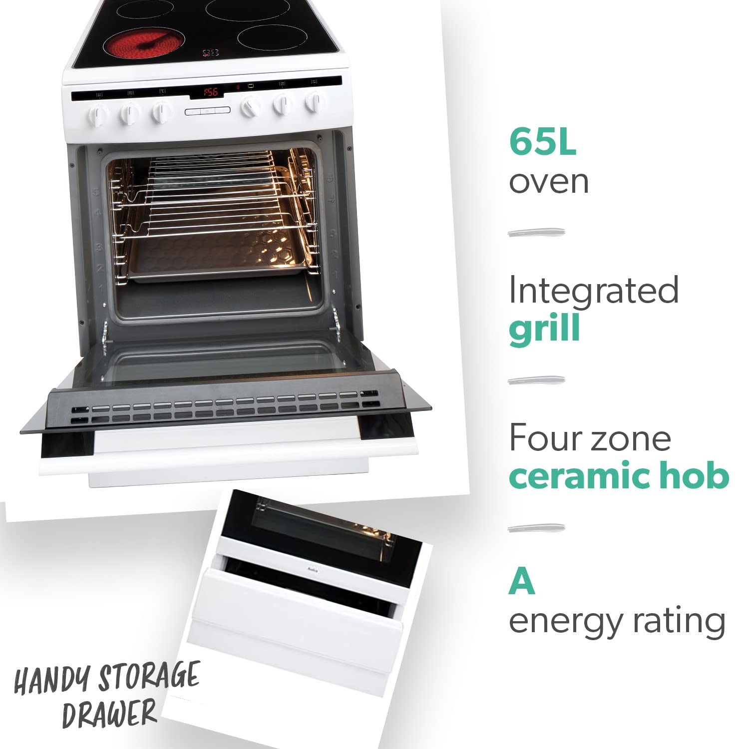 Amica 608CE2TAW Freestanding Ceramic Top Cooker, 65 Litre, 60 cm, White — view 2