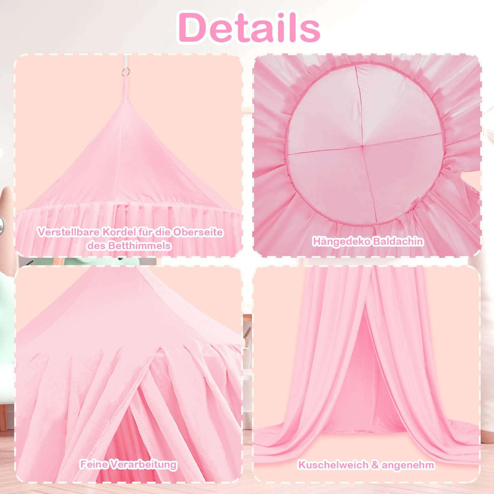 Baldachin Kinderzimmer, Betthimmel Babybett, Hängende Rund Princess Insektennetz Moskitonetz, Himmelbett Vorhänge Deko für Mädchen & Jungen (Rosa 60 * 230 * 450cm)