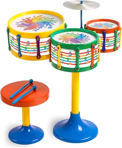 Toyztrend Jazz Drum Set Senior Musical Band Instruments with 3 Drums, 1 Dish, 1 Stool & Sticks for Kids (Assorted Colors & Designs)