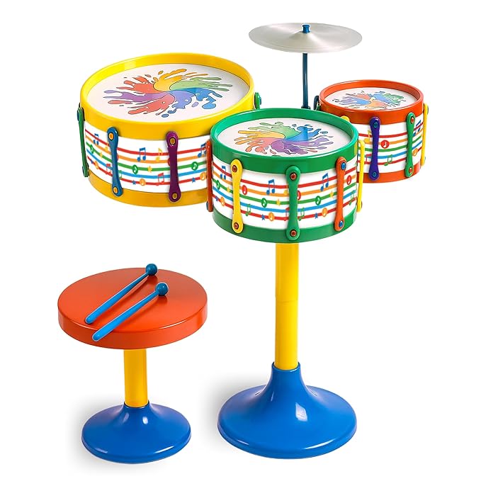 Toyztrend Jazz Drum Set Senior Musical Band Instruments with 3 Drums, 1 Dish, 1 Stool & Sticks for Kids (Assorted Colors & Designs)