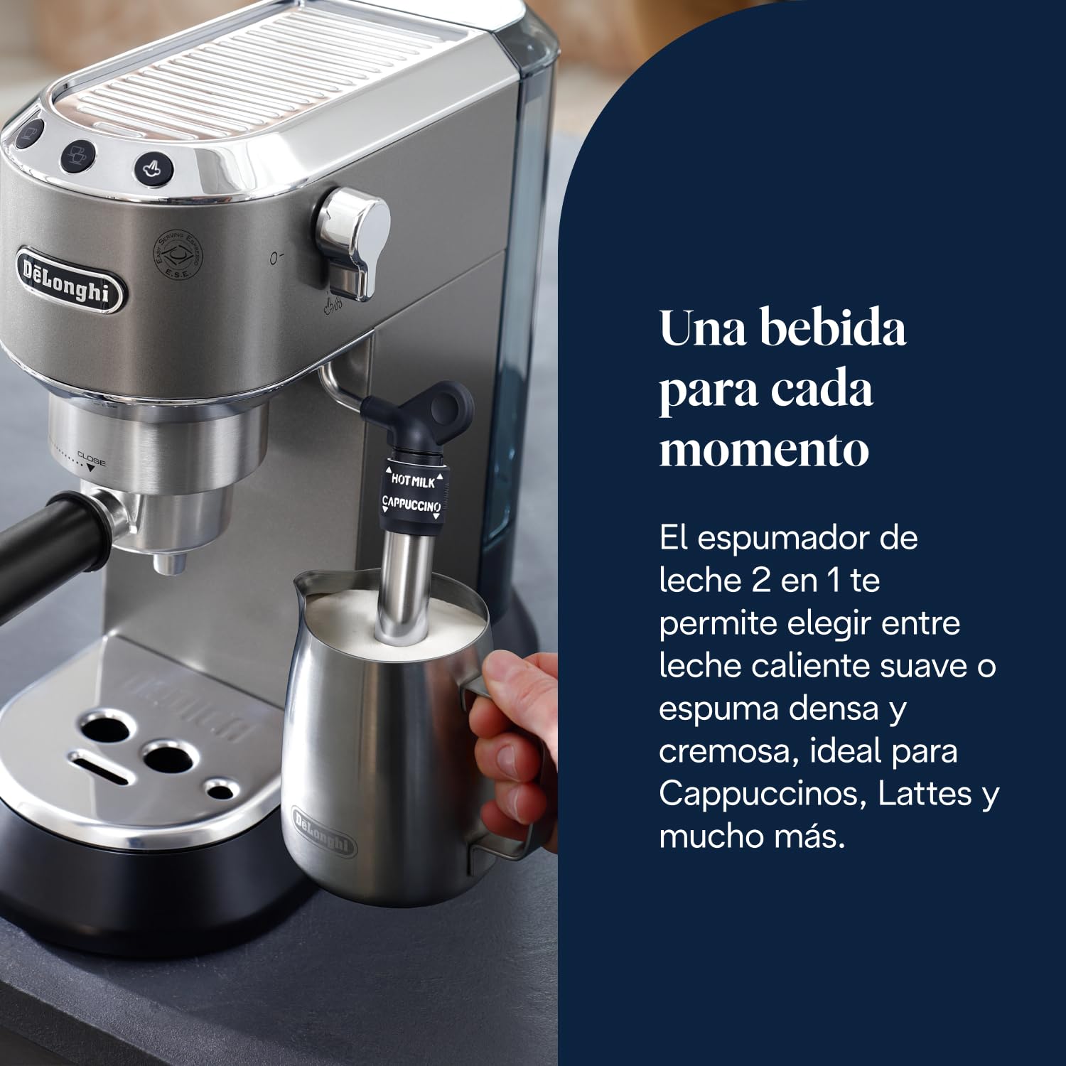 De’Longhi Dedica Style– Perfetto Cafetera Espresso Manual Compacta, Espumador de Leche Manual para Espresso y Cappuccino, Compatible con Monodosis ESE, Panel con Botones, Ancho 15cm, Titanio(EC685.TB)