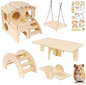 6 Piece Hamster House Toy Set, Wooden, Thick, Durable, Easy to Install, Playground, Play Equipment, Shed, Cute, Includes Stickers, Stress Relief, Exercise Lack Relief, Small Animal Supplies