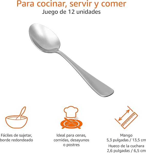 Amazon Basics Stainless Steel Dishwasher Safe Round Edge Kitchen Spoons Large Spoons 8 Pack of 12, Silver