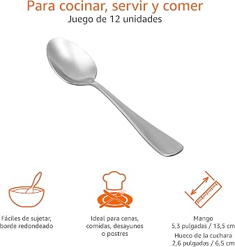Amazon Basics Stainless Steel Dishwasher Safe Round Edge Kitchen Spoons Large Spoons 8 Pack of 12, Silver