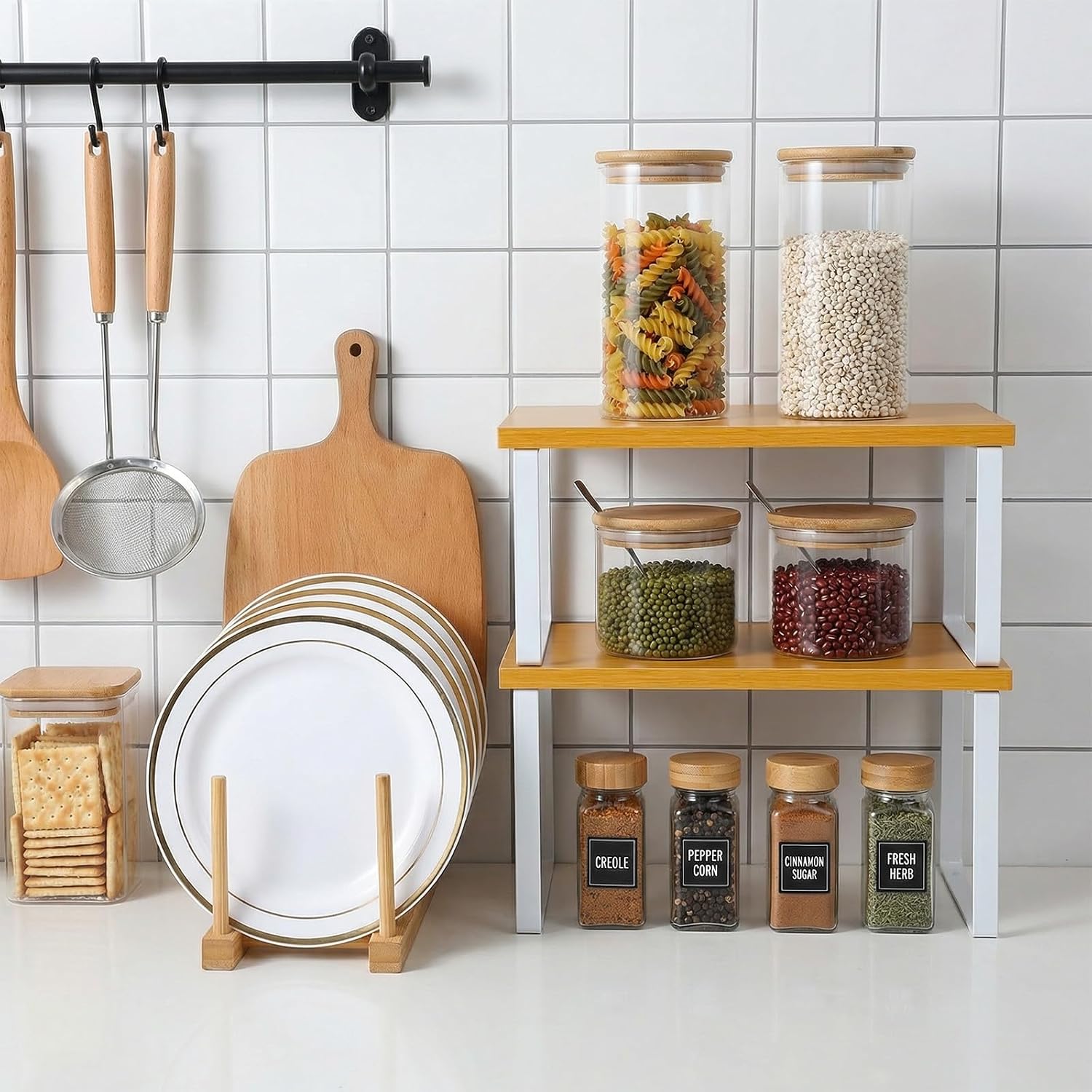 4Pcs Kitchen Organizer Accessories Set, Cabinet Organizer Shelf and Bamboo Dish Drying Plate Rack, Counter Shelves Storage Holder, Wooden Dish Rack for Spice Racks Dishs Pot Lid Bowl Cup