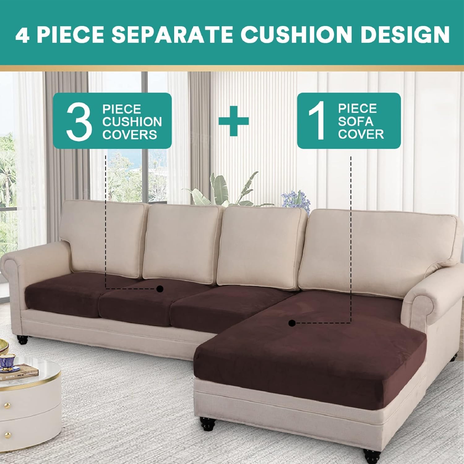 MINGPINHUIUS 4 Pieces Sectional Sofa Cover Brown Separate Couch Seat Covers Magic Stretch Anti-Slip Furniture Protector for Sectional Sofa Left/Right L Shape Chaise