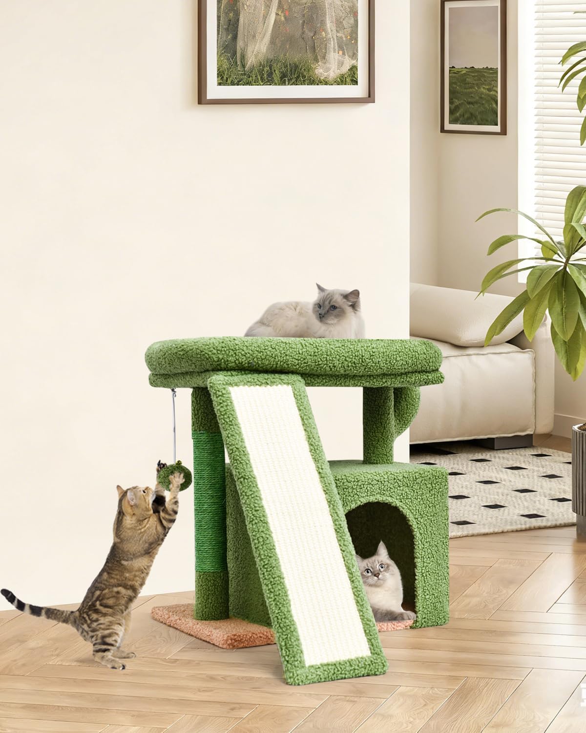 Small Cactus Cat Tree for Indoor Cats, Green Cat Tower with Scratching Post & Board, Unique Cactus Cat House with Perch for Kittens, Stable Condo and Stand (Green)