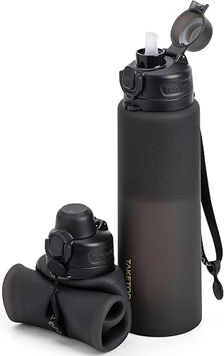 TakeToday Collapsible Water Bottles 32oz, Foldable Travel Water Bottle, BPA Free, Silicone Water Bottle Leakproof for Hiking, International Travel,