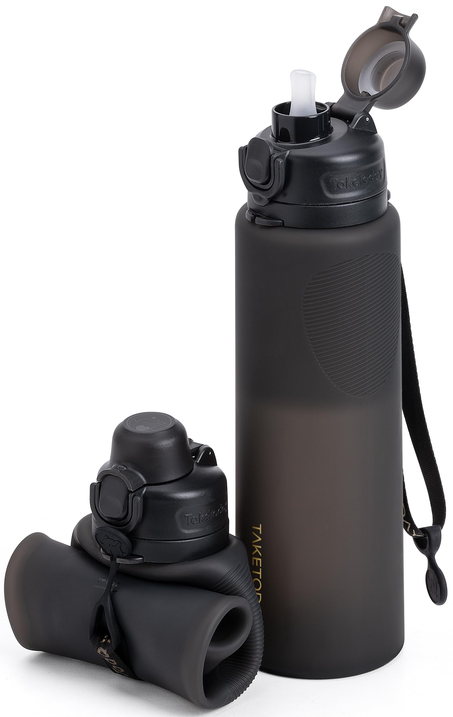 TakeToday Botellas de agua plegables con popote para viajes internacionales, 32 onzas, color negro