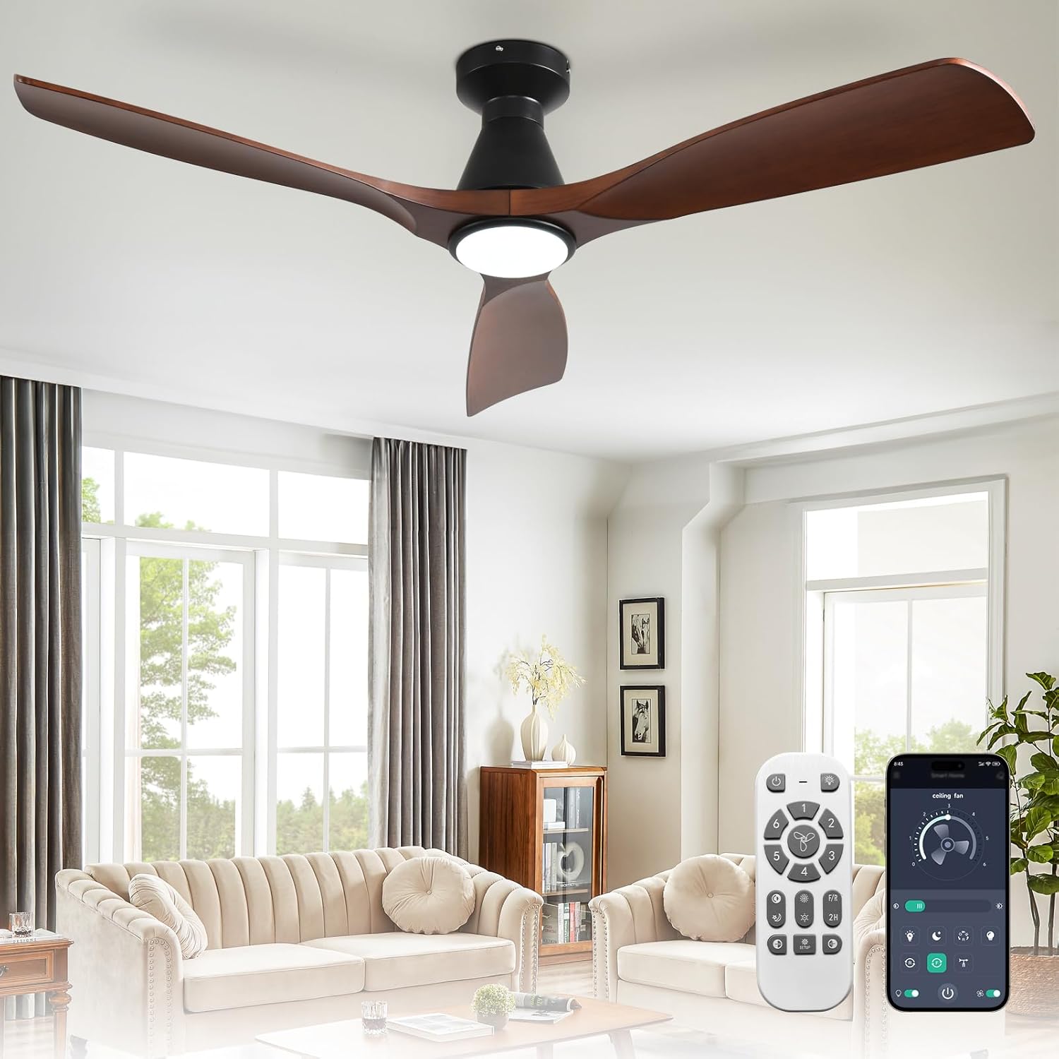 Depuley 52-Inch Ceiling Fans with Lights: Walnut 3 Blade Flush Mount Low Profile Ceiling Fan for Bedroom - Dimmable Indoor Outdoor Fan with Remote APP Control Ultra Quiet DC Motor Timer Walnut 52 Inch