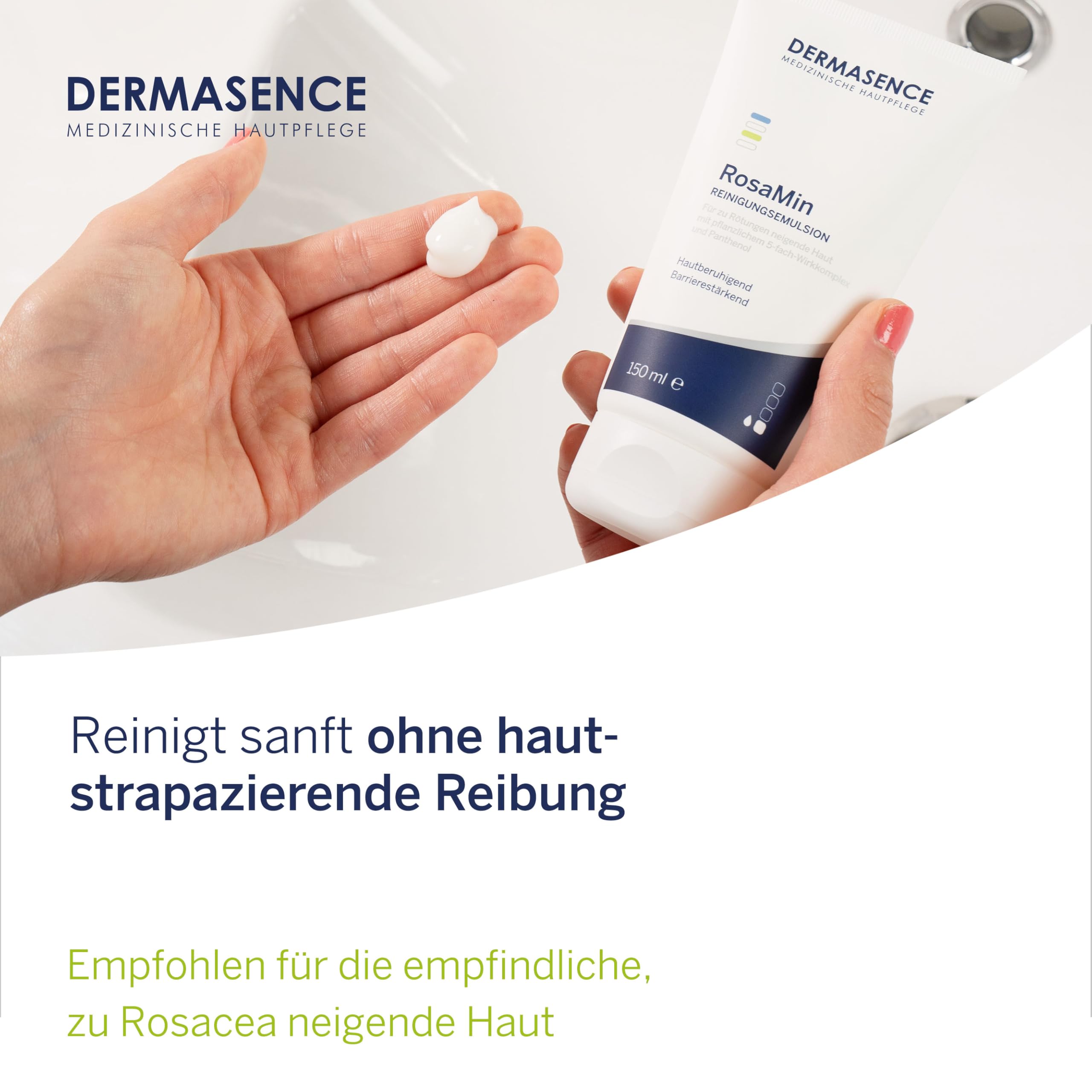 DERMASENCE RosaMin Reinigungsemulsion, 150 ml – Milde Gesichtsreinigung bei Rötungen, parfümfrei, seifenfrei, ideal bei empfindlicher Haut und Rosacea, Make-up-Entferner, feuchtigkeitsspendend, vegan
