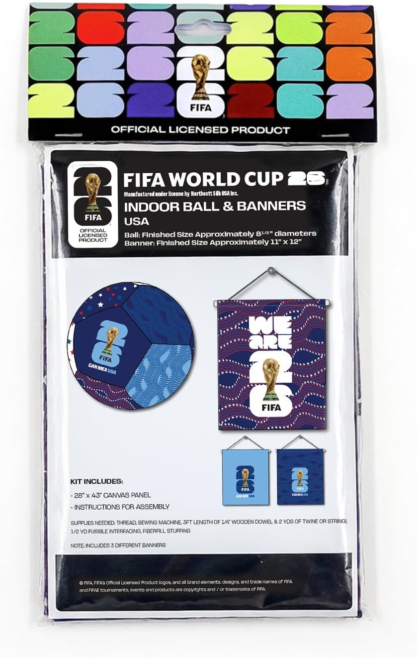 Northcott Soccer Banner & Plush Ball DIY Sewing Kit – Makes Three 11” x 12” Banners & 8.5” Stuffed Ball – 28" x 42" Cotton Canvas Panel – Soccer Craft Project (USA)