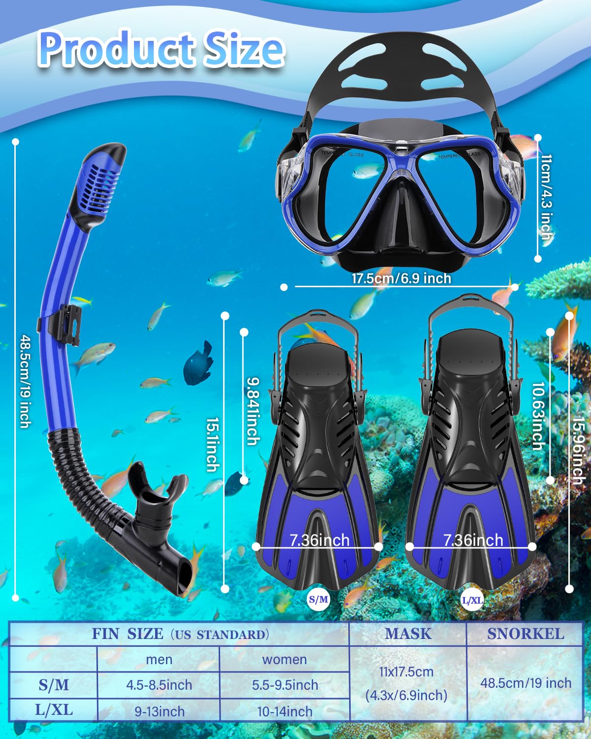 Equipo de Esnórquel para Buceo, para Adultos con Aletas