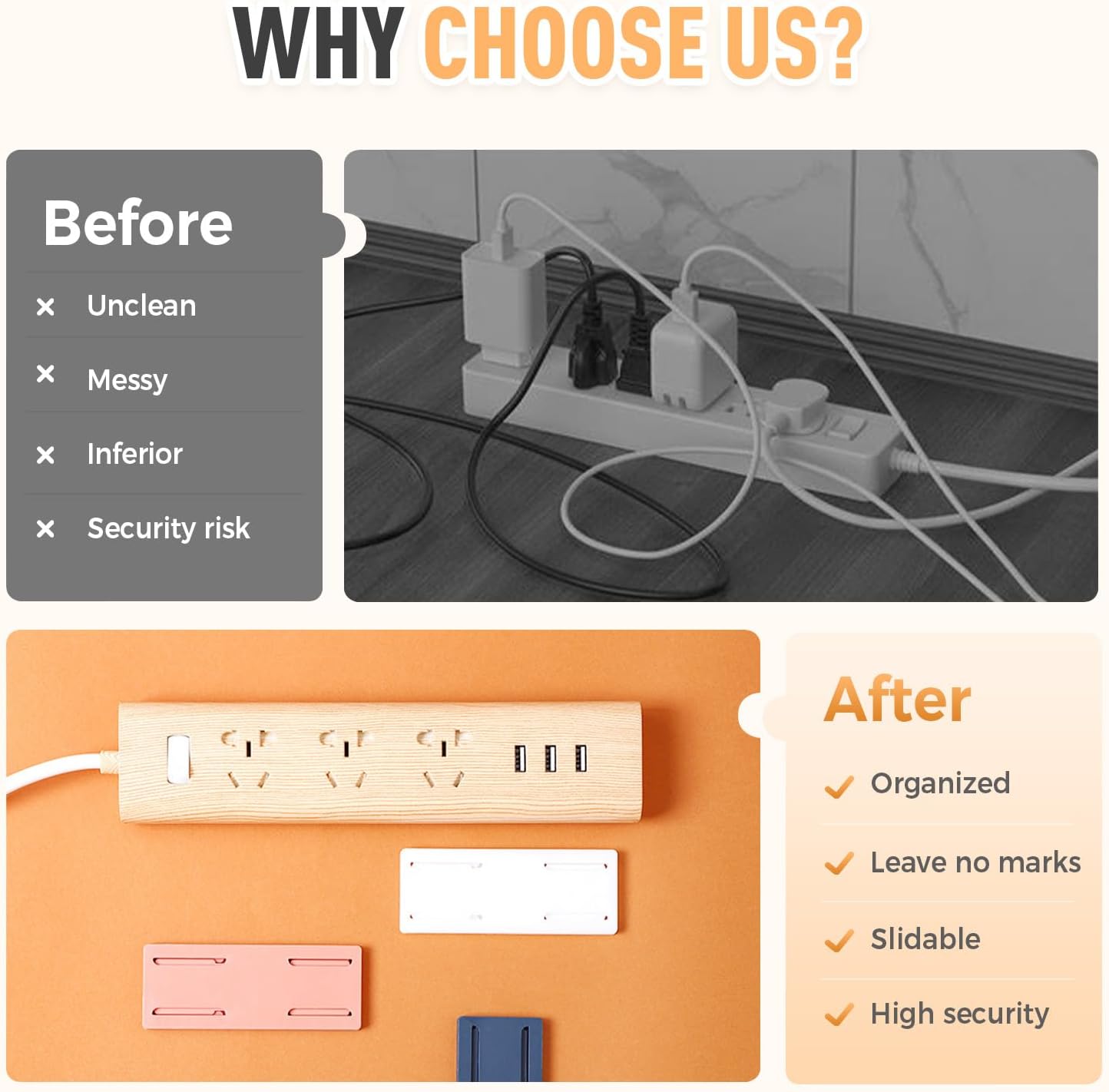 Self-Adhesive Desktop Socket Fixer, Punch-Free Acrylic Mount Bracket for Power Strip, Surge Protector & Cable Management, No Drilling Required for Home Office (Mix-8PCS)