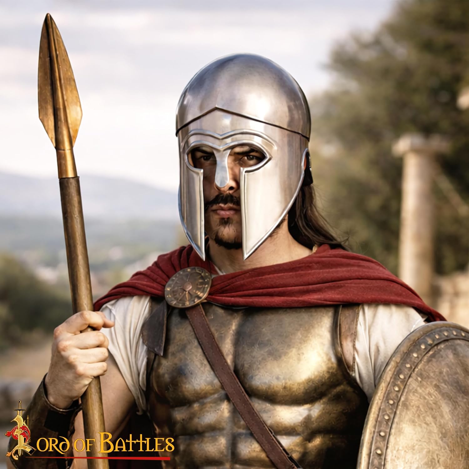 Lord of Battles Greek Corinthian Hoplite Helmet | 20-Gauge Steel with Liner & Chinstrap | Polished Medieval Greek Armor Replica | Ready to Wear| Historical Reenactment, LARP & Costume Helmet