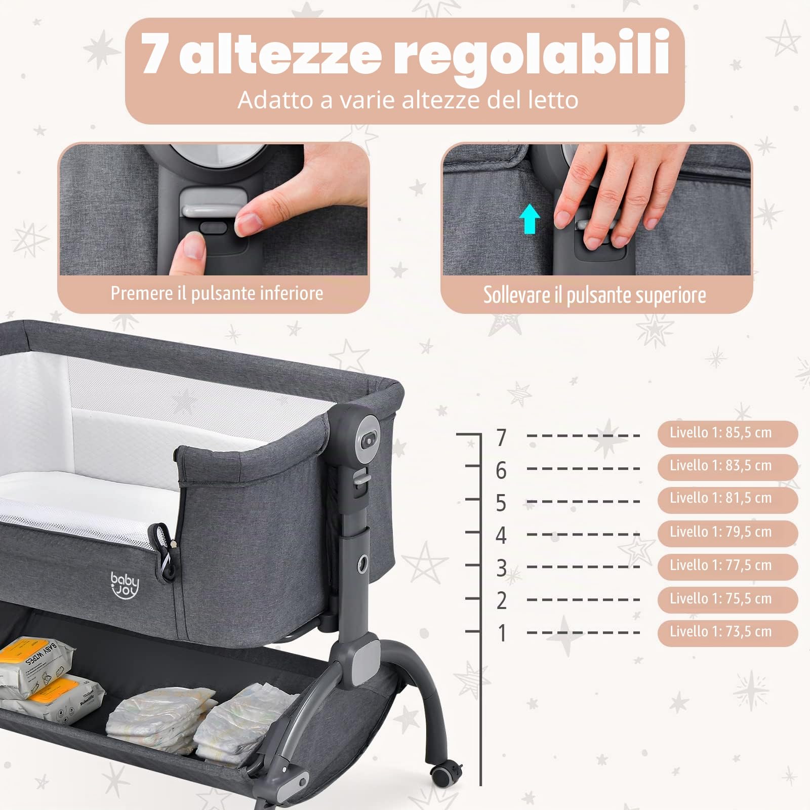 RELAX4LIFE Culla Neonato Fianco Letto, con Materasso, Zanzariera Cinghia Fissaggio, Regolabile In Altezza 7 Posizioni, Borsa di Trasporto, per Bambini 0-6 Mesi fino a 9kg (Grigio1)