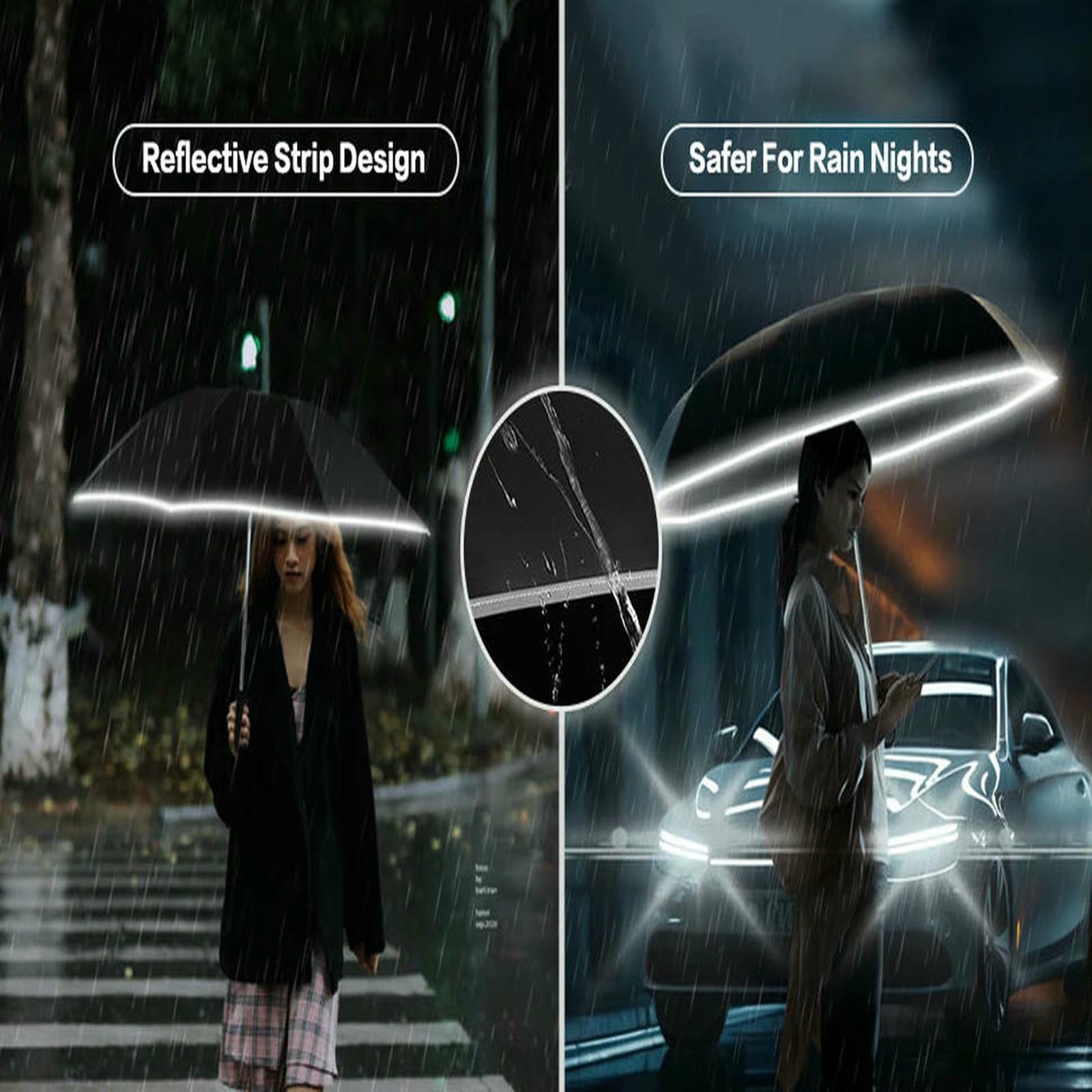 Ombrello Grande A Piegatura Inversa Antivento - Strisce Automatiche Aperte E Vicine, Riflettenti, Protezione Up50+ UV, Rain & Sun Parasol-125 Cm Nero