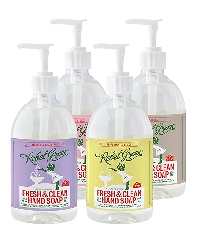 Rebel Green Paquete variado de jabón líquido para manos, botellas naturales con bomba de jabón de manos, jabón de manos para baño y cocina, lavar a
