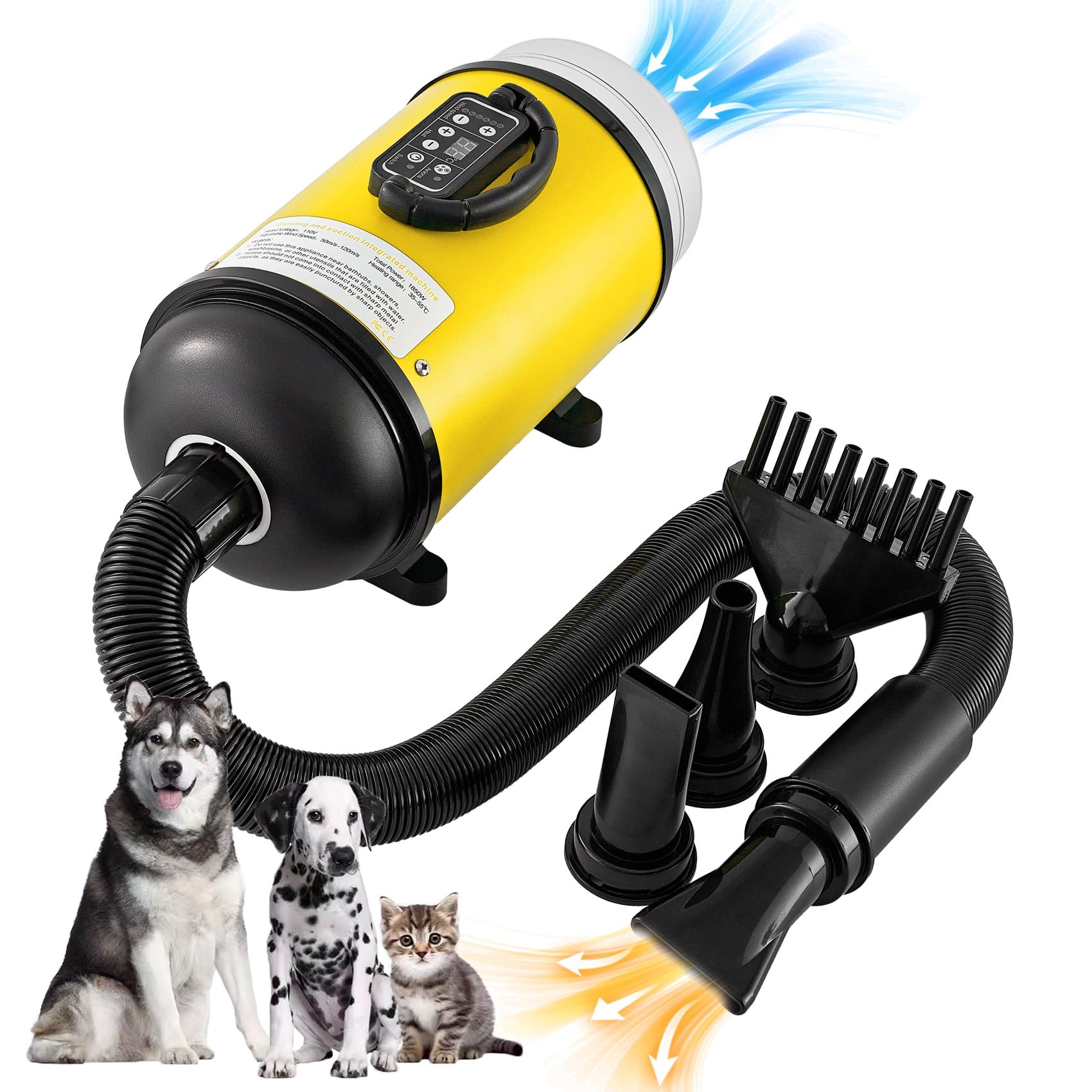 UNICOO Pet Dryer & Grooming Vacuum with Adjustable Speed & Temperature Control, Low Noise, 4 Nozzles, 1850 Watts, Blow Dry & Vacuum Functions for Dogs