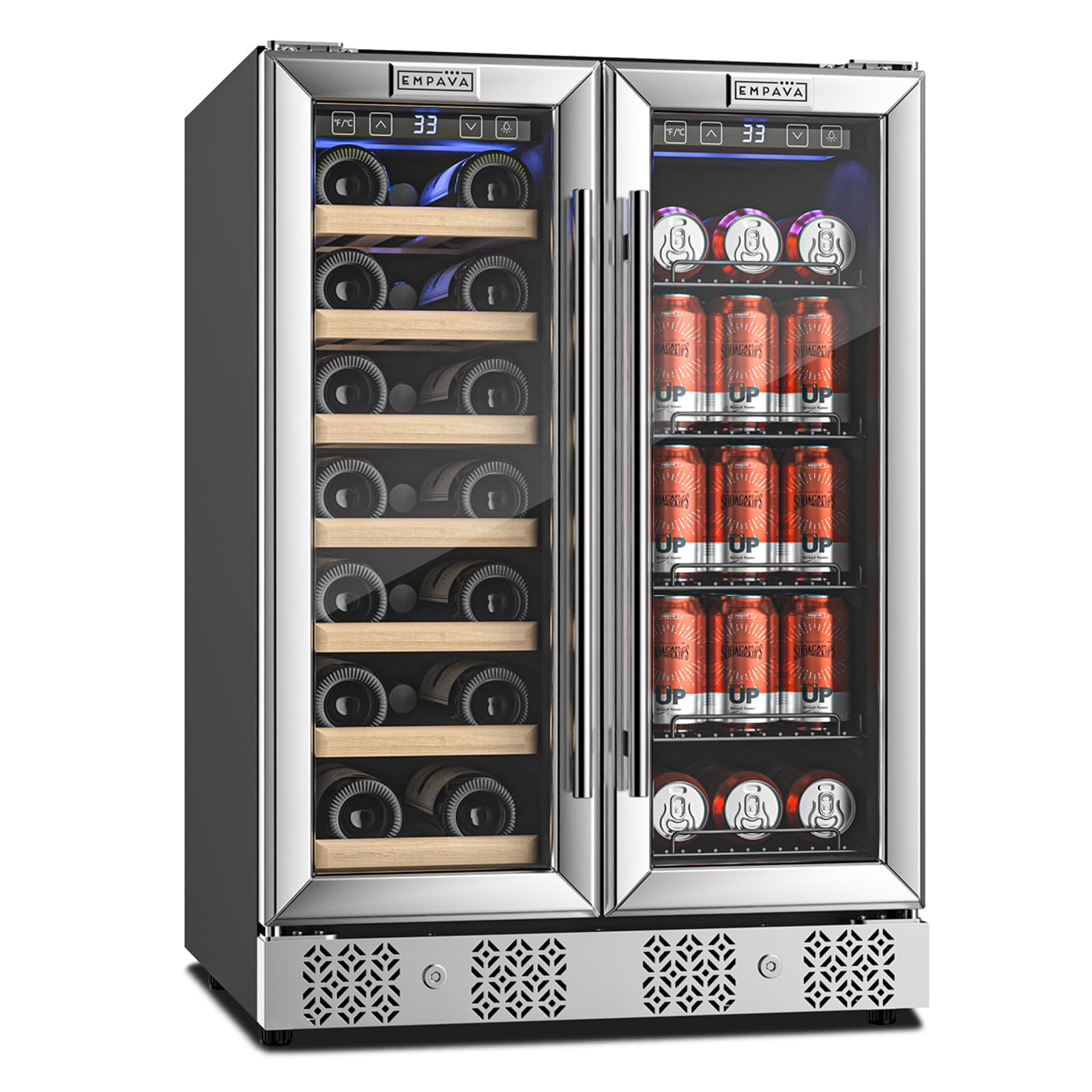Empava 24" Dual Zone Wine and Beverage Refrigerator Cooler, Freestanding or Under Counter Fridge Chiller with LED Light, 78 Cans and 20 Bottles Capacity, Touch Control, Stainless Steel | Fridge.com