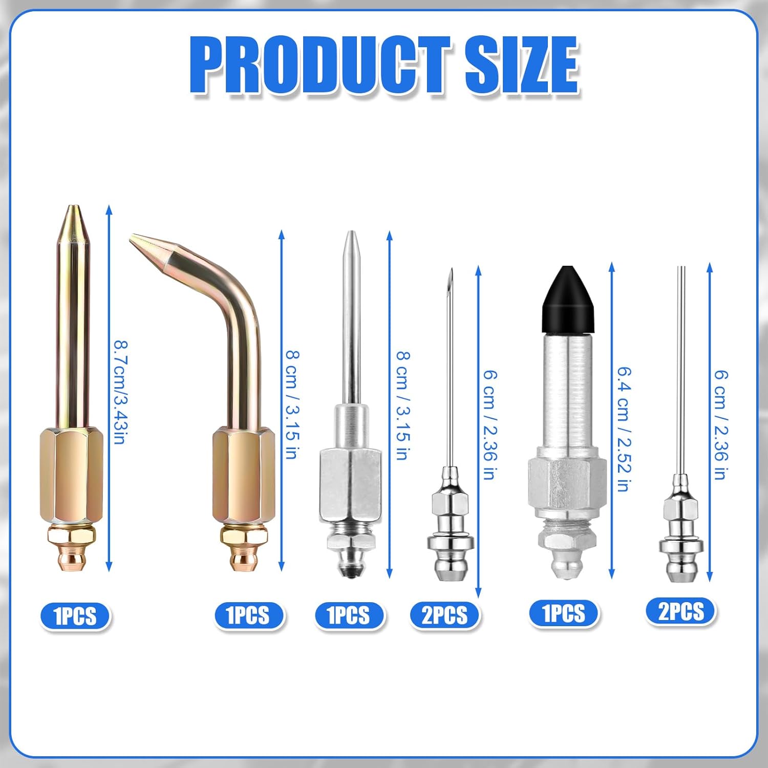 8pcs Grease Gun Accessory Kit, 2 Sharp Tip Nozzles 2 Flat Tip Nozzles + Dispenser + Rubber Coupler Fitting Straight End Needle Bent End Needle for Grease Gun Lubrication Attachments Part