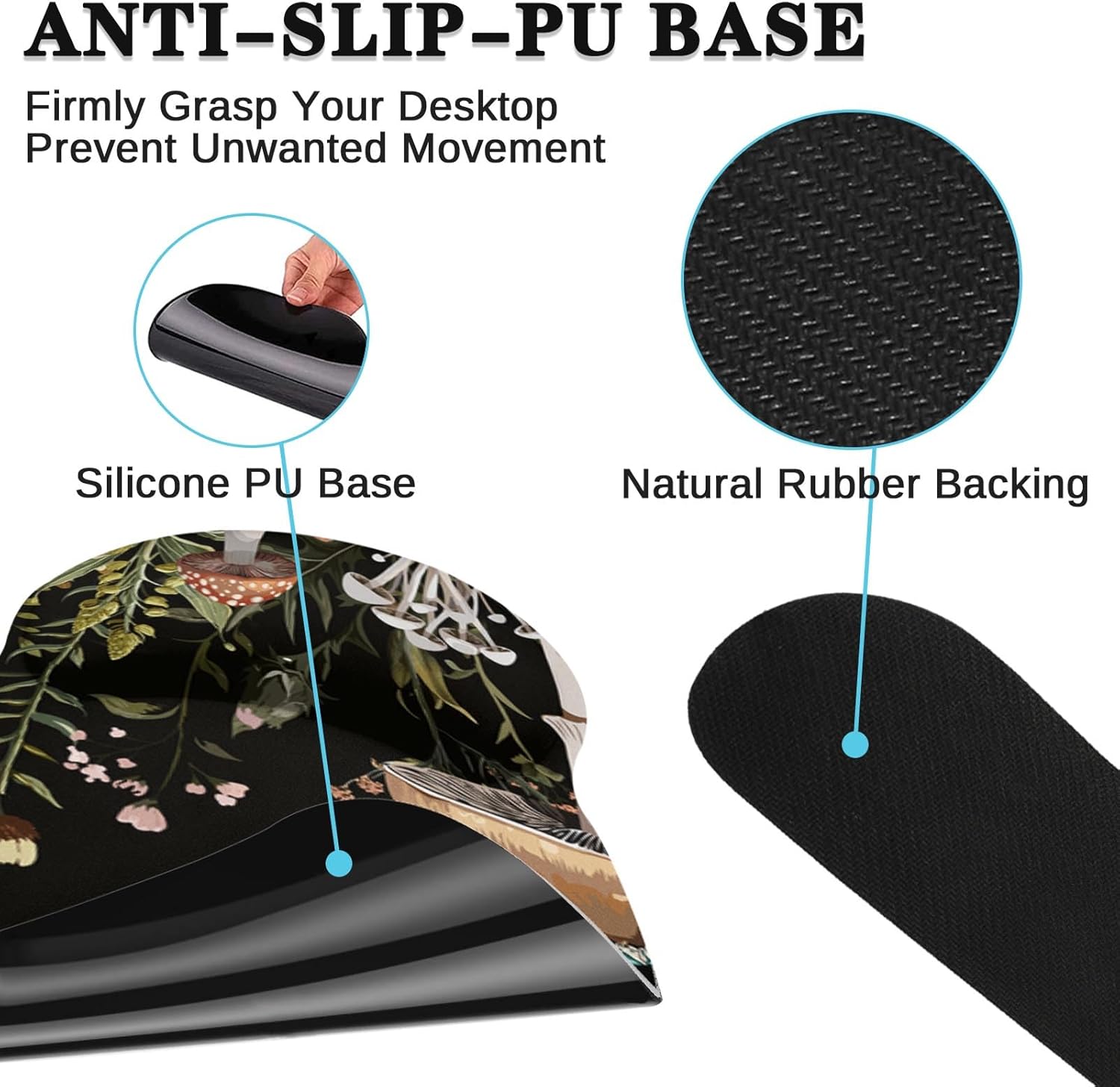 Britimes Black Mushroom Floral Keyboard Mouse Pad Set Plant Flower 4in1 Large Mousepad+Keyboard Wrist Rest+Mouse Wrist Rest+Coaster Ergonomic Design for Home Office Computer 35.4x15.7 inches