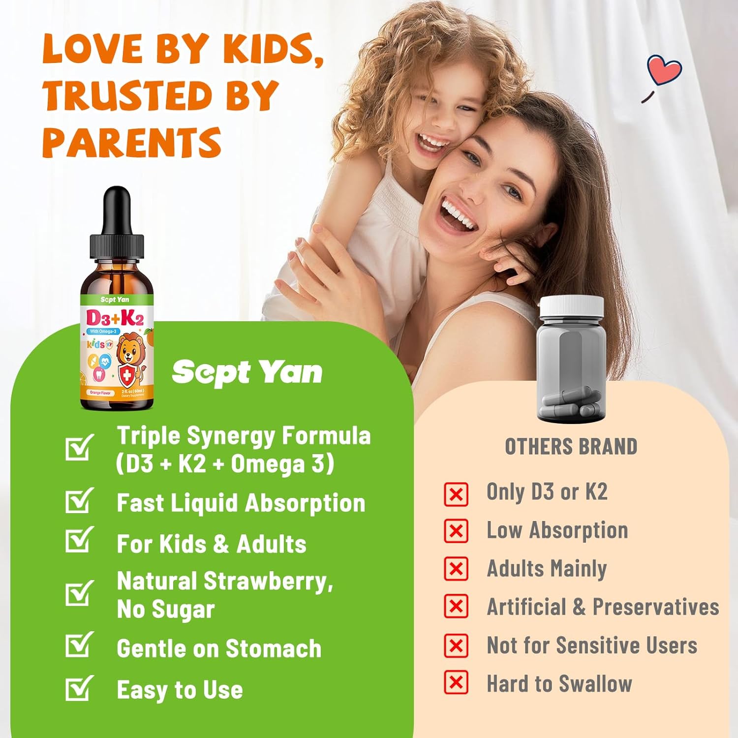 2 Pack Kids Vitamin D3 K2 Drops - K2 D3 Vitamin Supplement 1000 IU with Omega 3, Support Bone, Mood, Teeth & Immune - Vitamin D3 K2 (MK-7) Liquid Drops for Adults & Kids, Sugar Free Orange Flavor