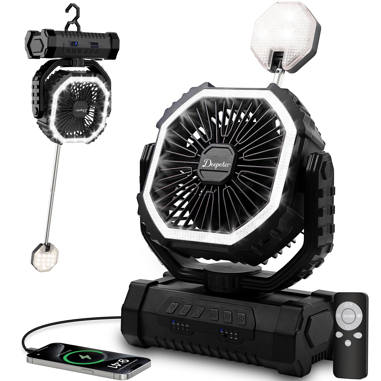 Ventilatore Campeggio 20000mAh con Luce LED, Ventilatore Portatile Ricaricabile con Gancio e Telecomando, Ventilatore USB Scrivania per Esterno Tenda Spiaggia Allaperto - Nero