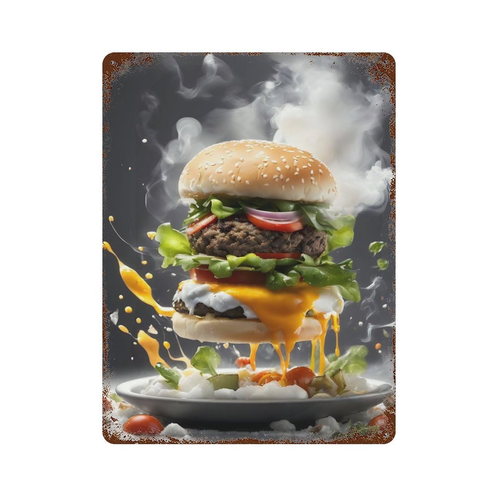Burgers Food Distressed Metal Wall Sign 15.7"x11.8", Ideal for Garage, Bar And Workshop Decor