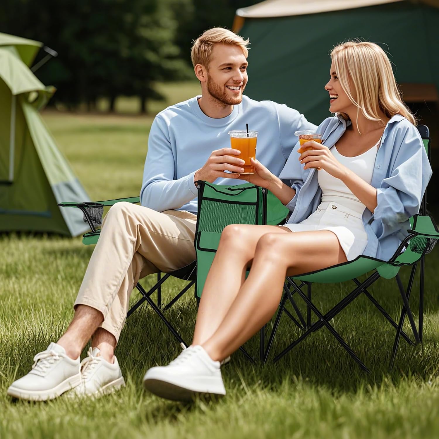 Giantex Double Camping Chair with Umbrella - Folding Picnic Loveseat with Carrying Bag, Cooler Bag, Table, Side Pocket & Cupholder, Portable Beach Chair for Camping, Picnic, Fishing, Beach